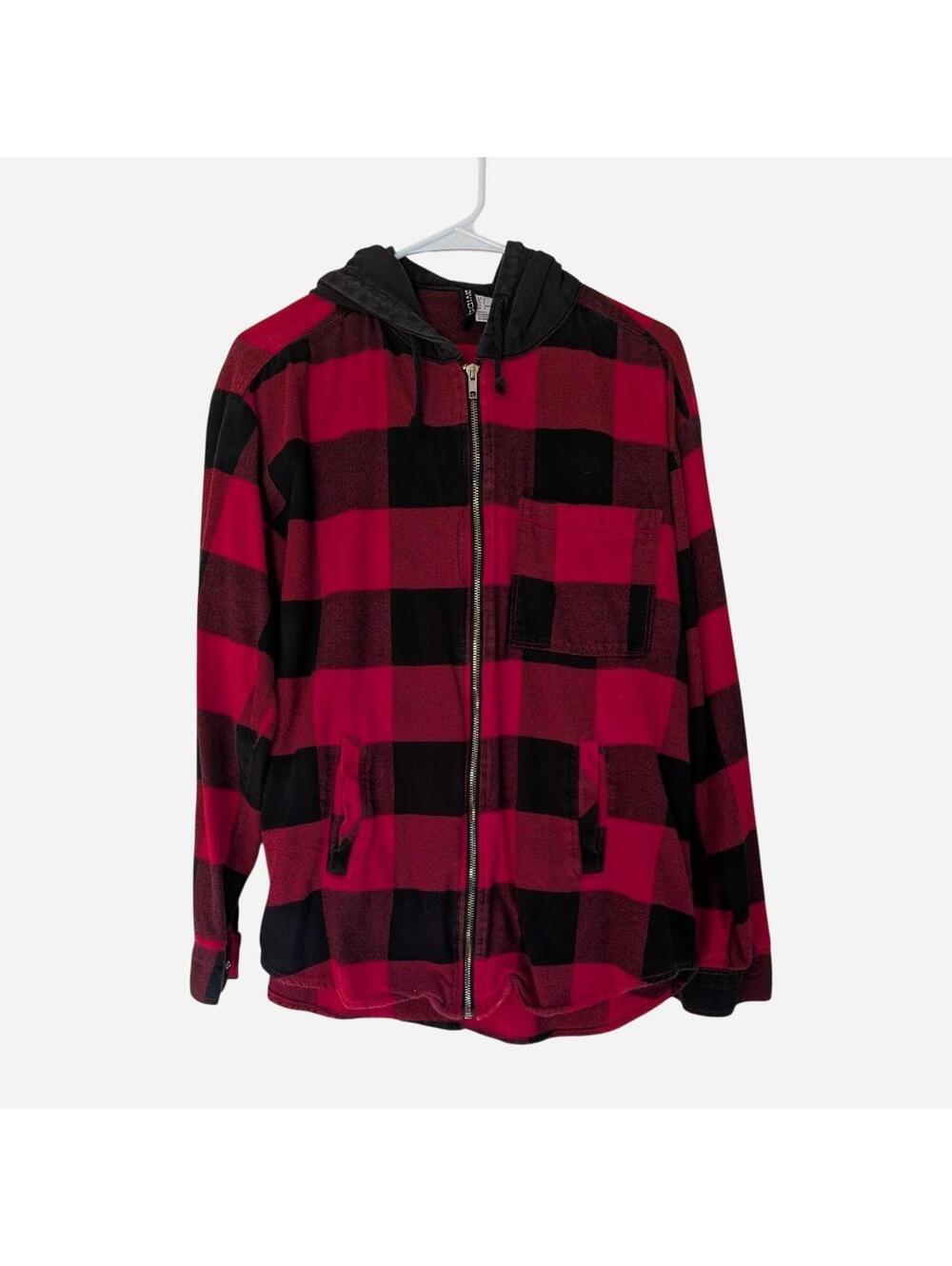 H&M Women's Plaid Zip Black and Red Hoody Size 8